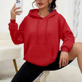 Women's loose grey drawstring hood sweatshirt with front pocket, long sleeves