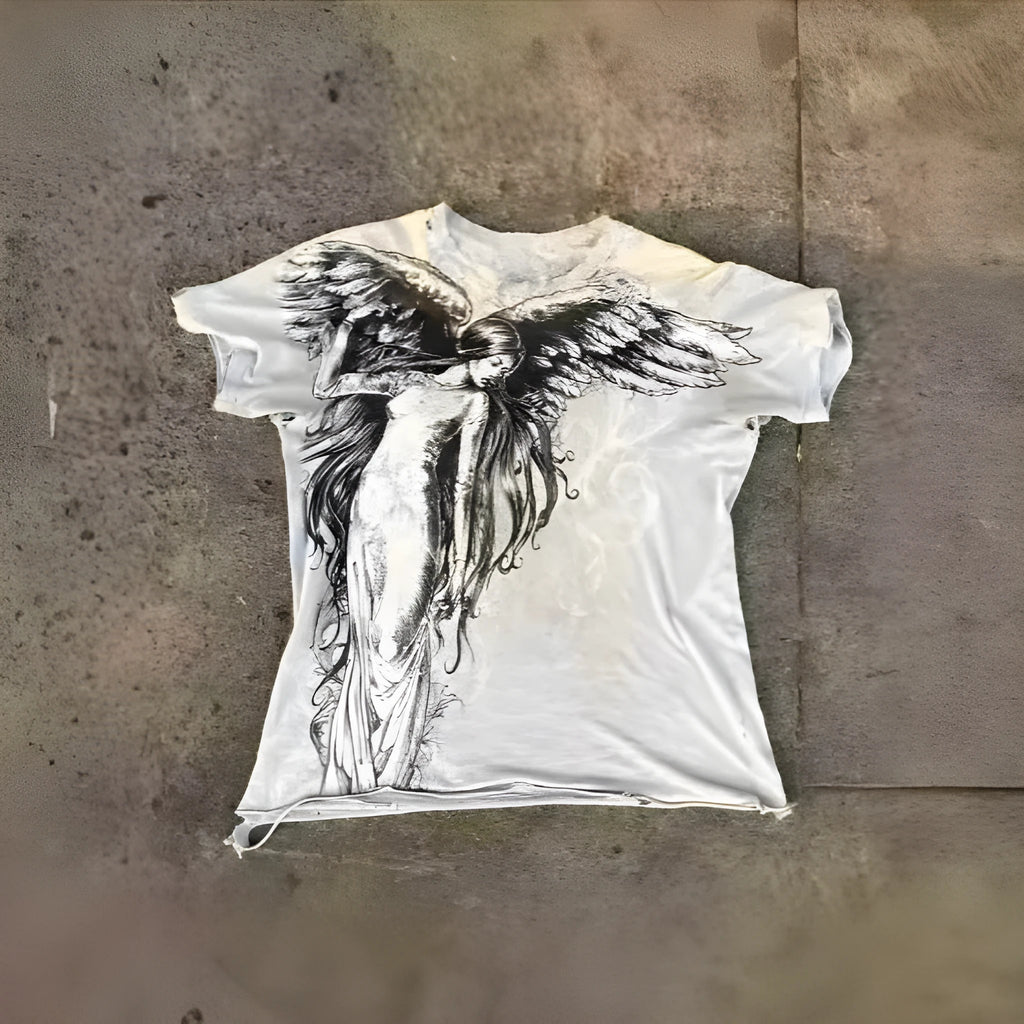 Men's grey short sleeve top featuring a black and white gothic cartoon print design.