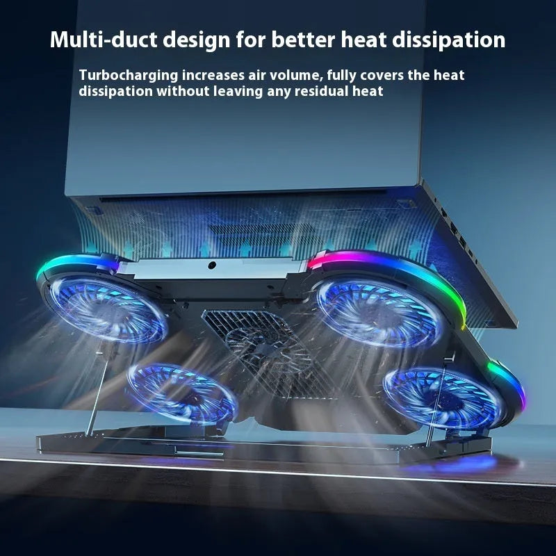 Notebook Play Speed 4-core laptop cooler in black with RGB lighting and blue light white leaf fan on a desk