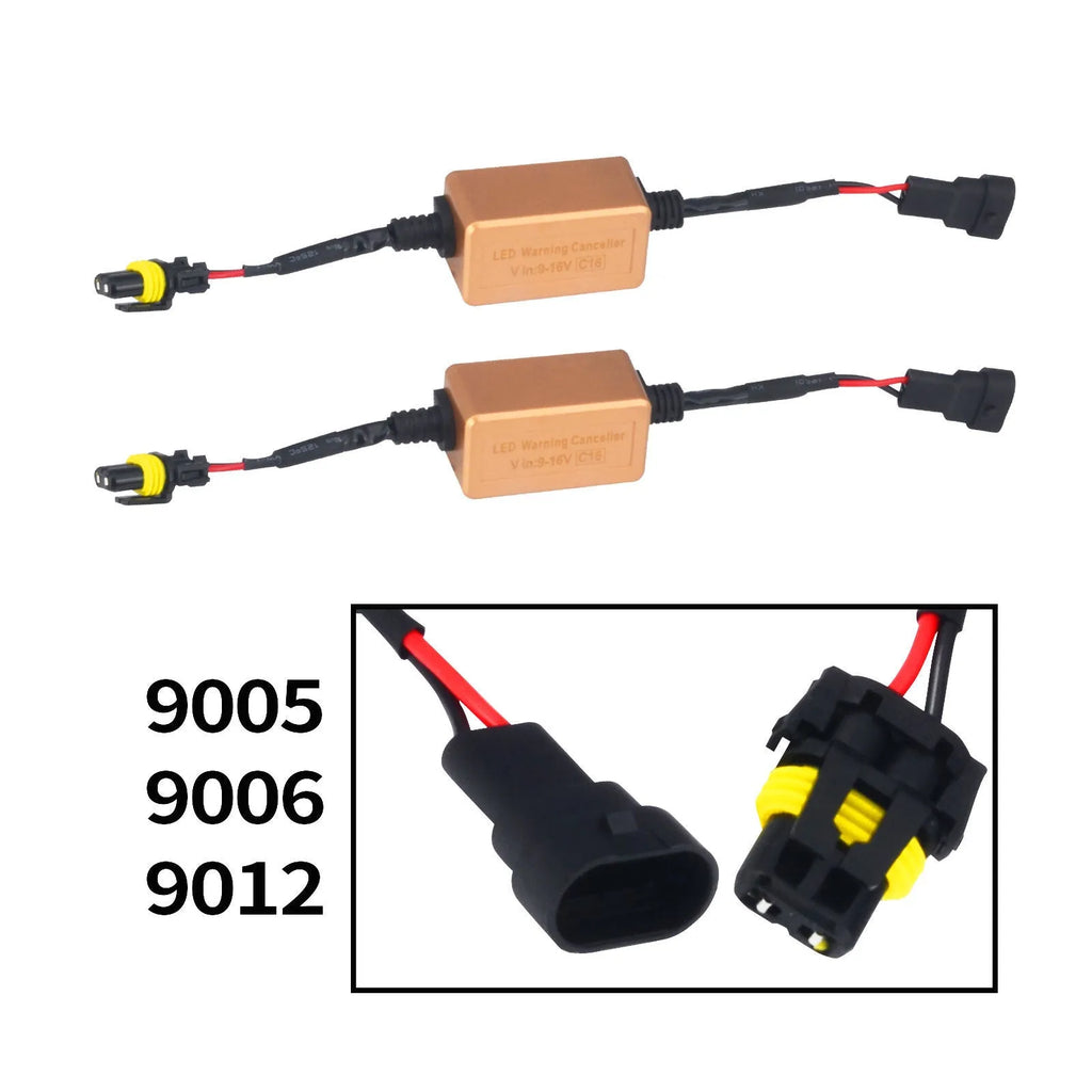 Black alloy automotive Canbus decoder for LED headlight bulbs on a white background.