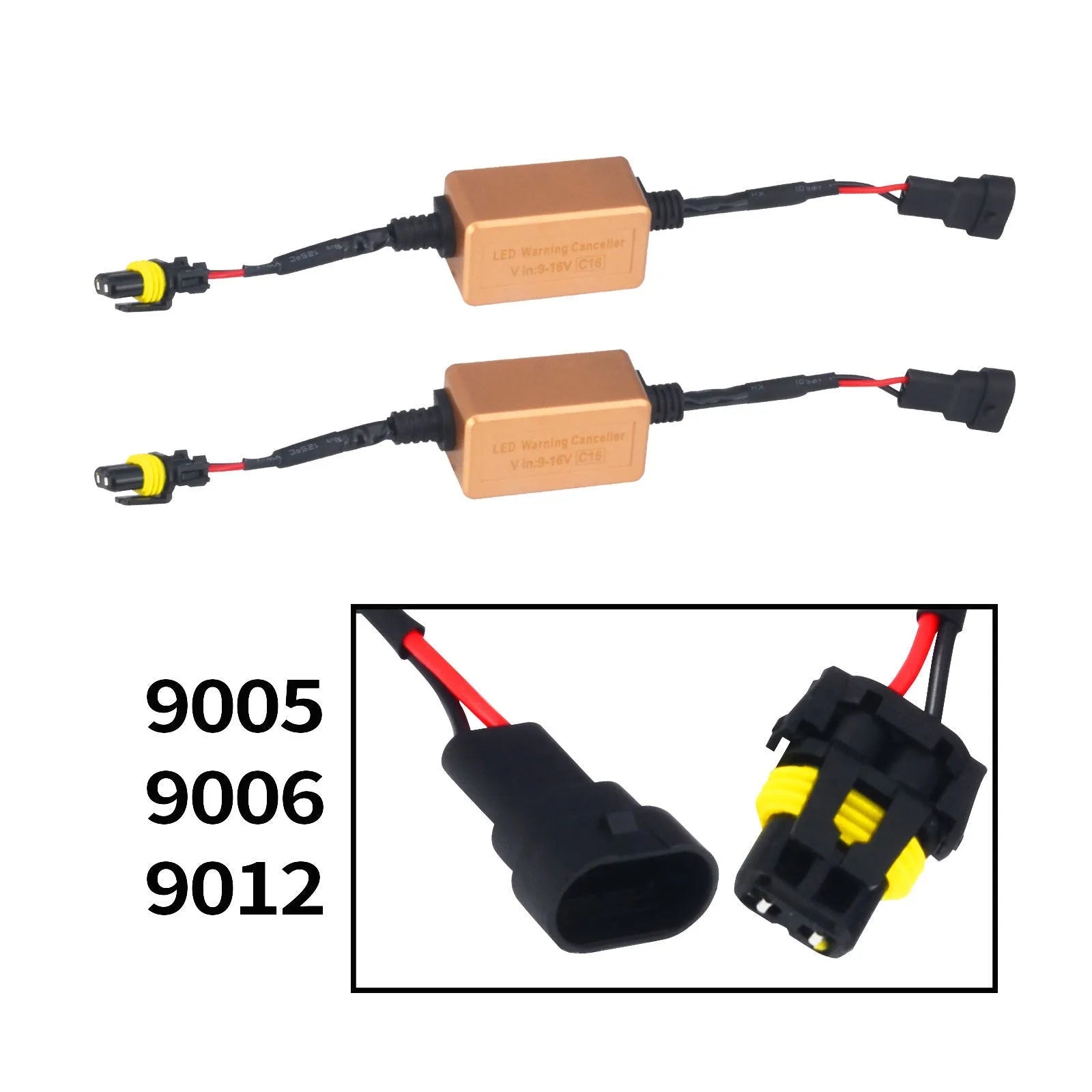 Black alloy automotive Canbus decoder for LED headlight bulbs on a white background.