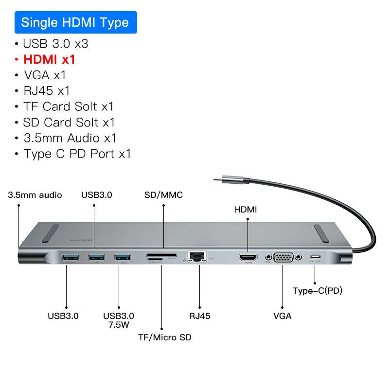 Grey aluminium 10-port docking station with cooling bracket showing HDMI, VGA, USB and Ethernet ports