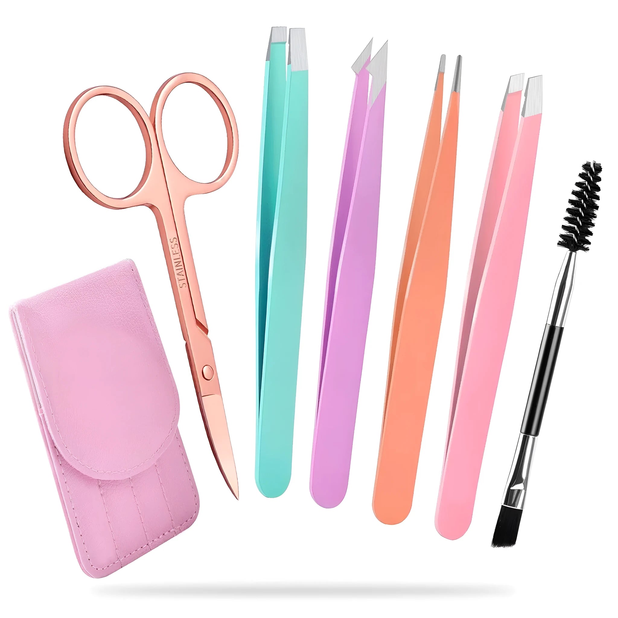 Professional 6-piece stainless steel eyebrow tweezers set with curved scissors, brush, and leather case