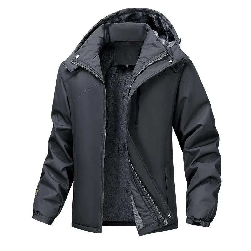 Men's plus size waterproof hooded coat in army green, shown on a model for fit.