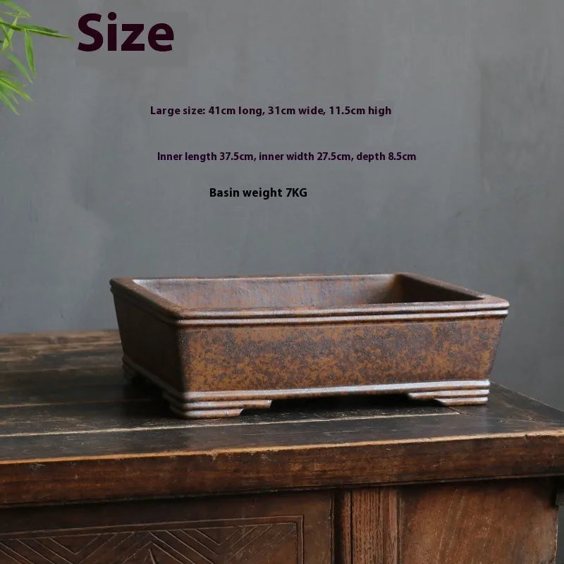 Purple sand rectangular bonsai pot with firewood burning decoration and five-line basin design