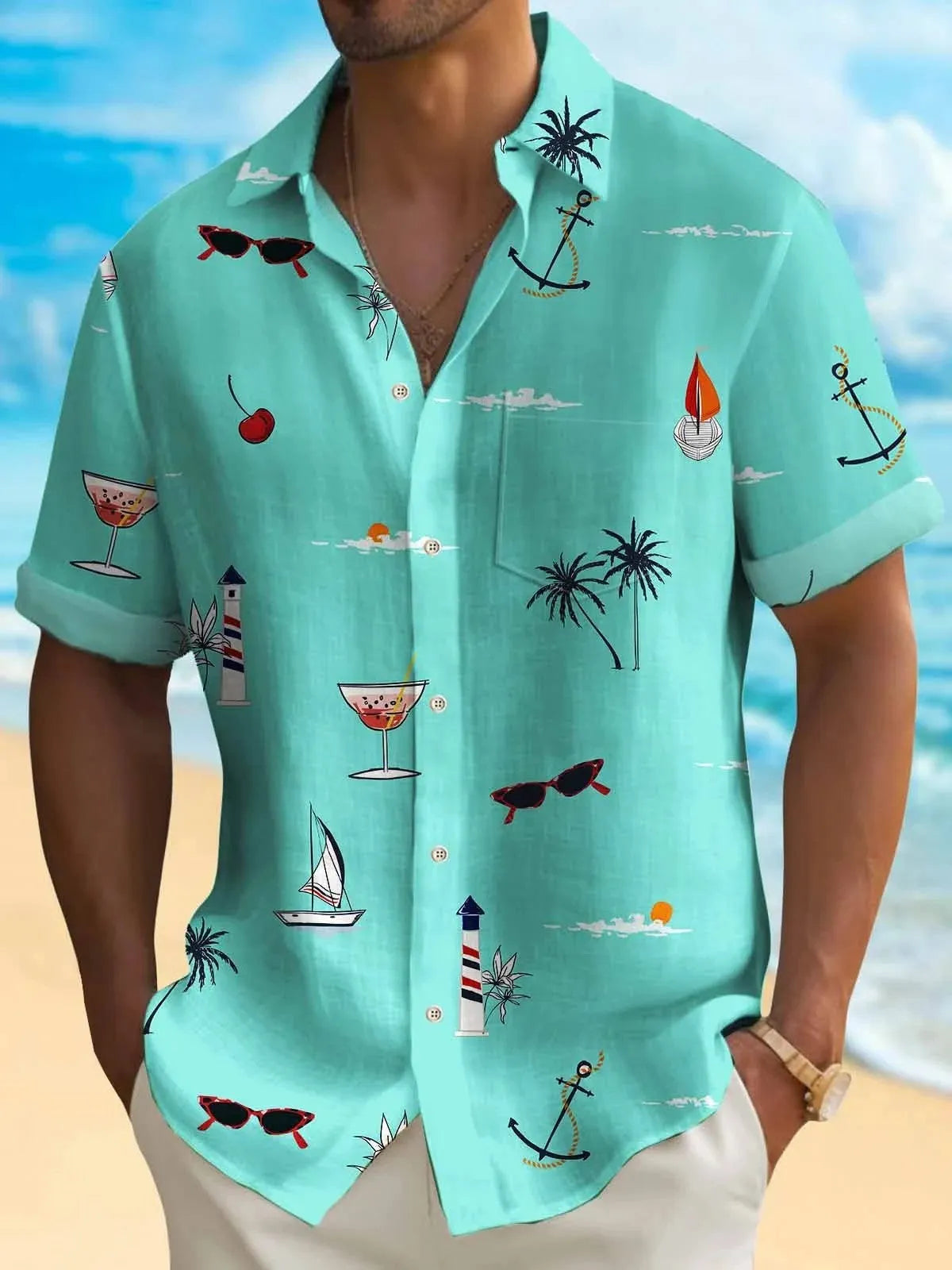 Men's loose fit Hawaiian shirt with colourful digital print pattern and short sleeves
