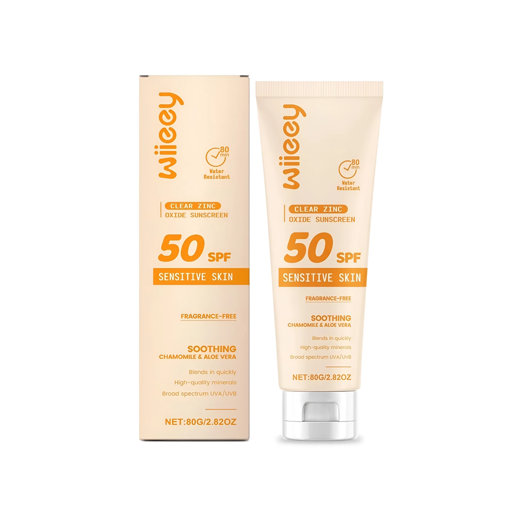 80g tube of Clear Zinc Oxide mineral sunscreen with aloe and chamomile.