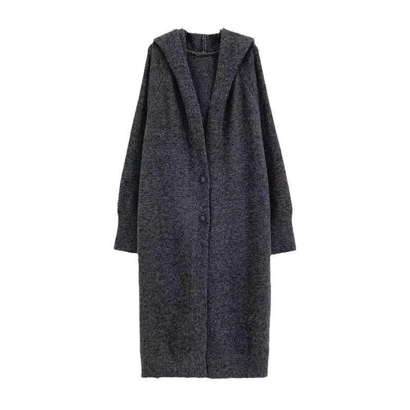 Korean style women's hooded knitted cardigan in wool blend fabric showing below-knee length and loose fit