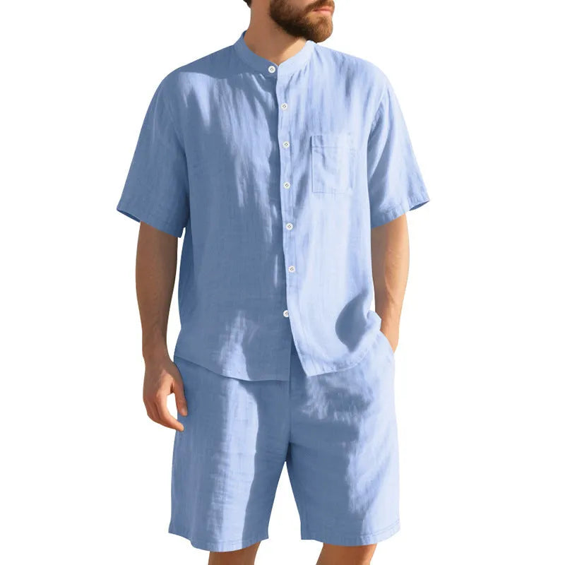 Men's light blue linen short sleeve suit jacket and shorts on a hanger for summer casual wear.