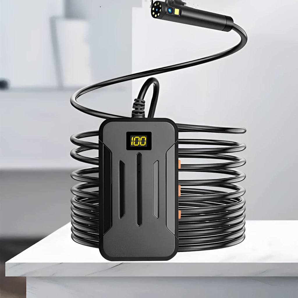 F300 WiFi dual lens endoscope camera with 5.5mm and 8mm probes, magnet, and hook accessories on a smartphone display