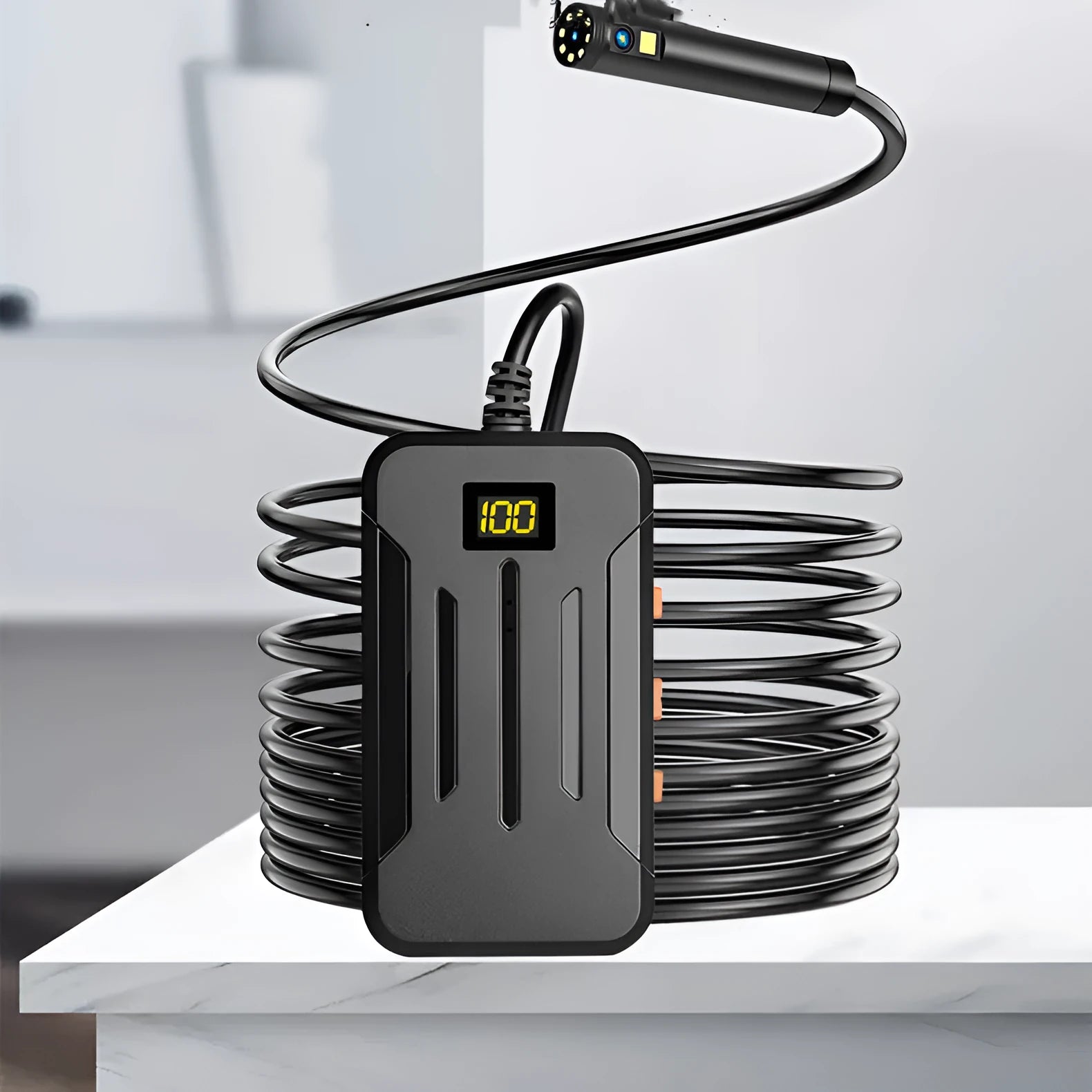 F300 WiFi dual lens endoscope camera with 5.5mm and 8mm probes, magnet, and hook accessories on a smartphone display
