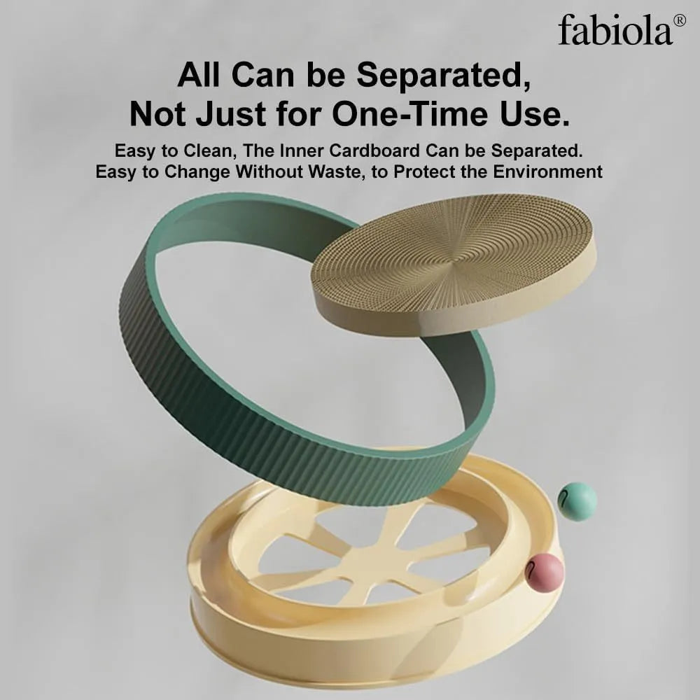 Large circular cat scratching board with built-in ball toys and replaceable cardboard core