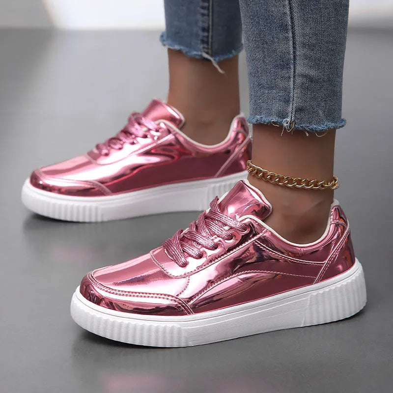 Rose gold and gold sequined platform sneakers with thick soles and round toe design