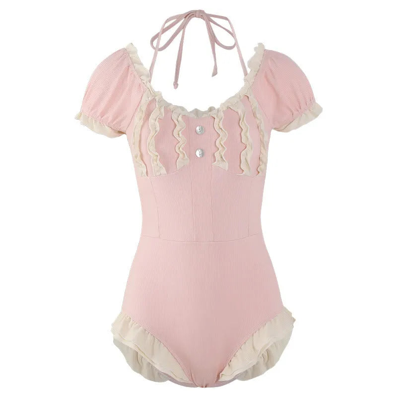 Pink conservative women's one-piece swimsuit in nylon fabric