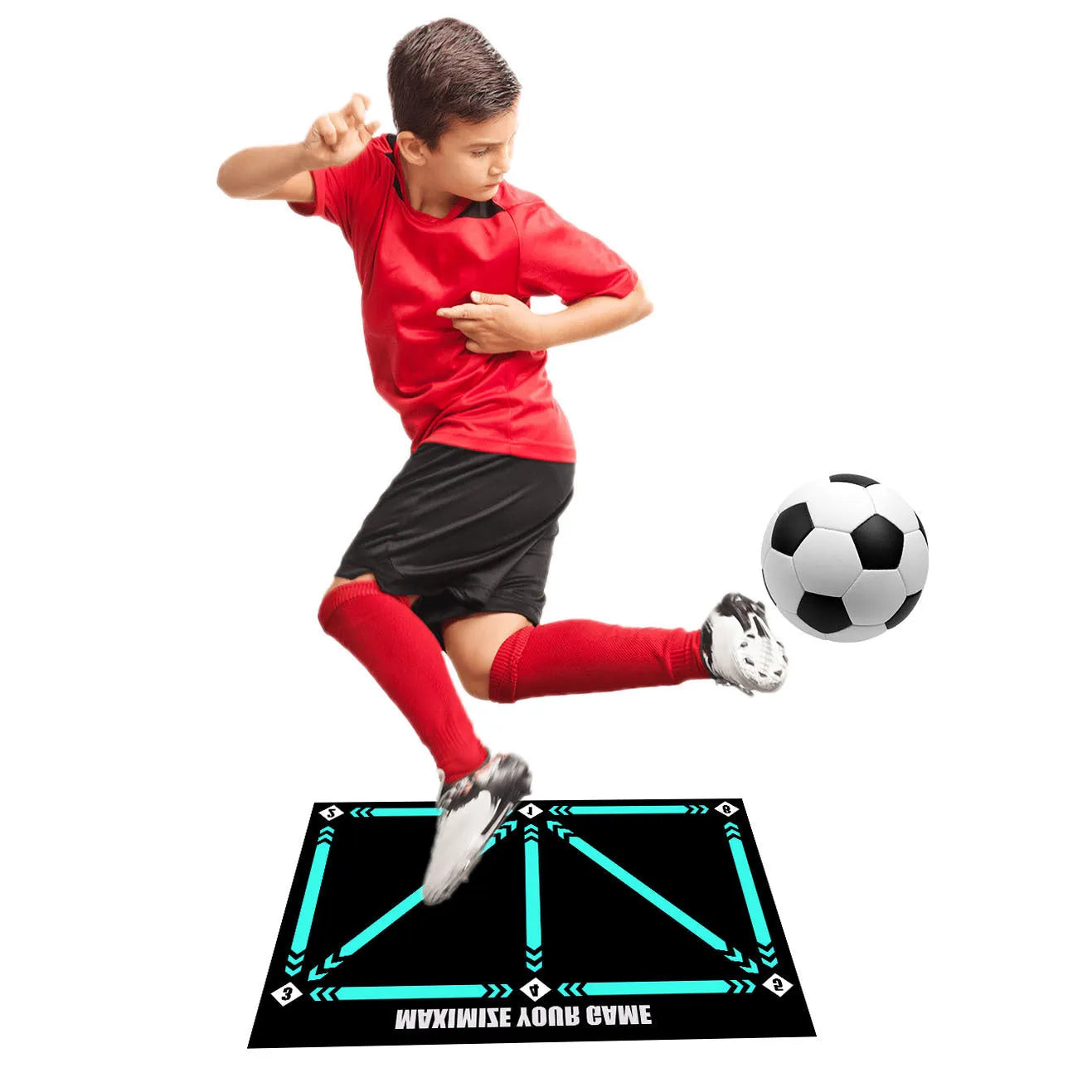 Cushioned rubber football training mat for indoor skill practice with basket row movement drills