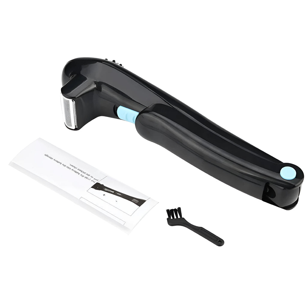 Black folding electric body shaver with ABS plastic construction for full body hair removal