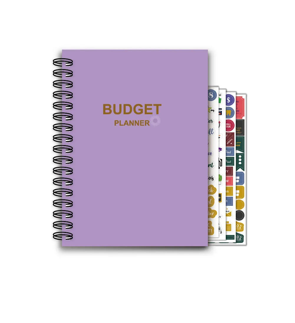 Purple coil-bound financial planning notebook with A4 dimensions for monthly budgeting