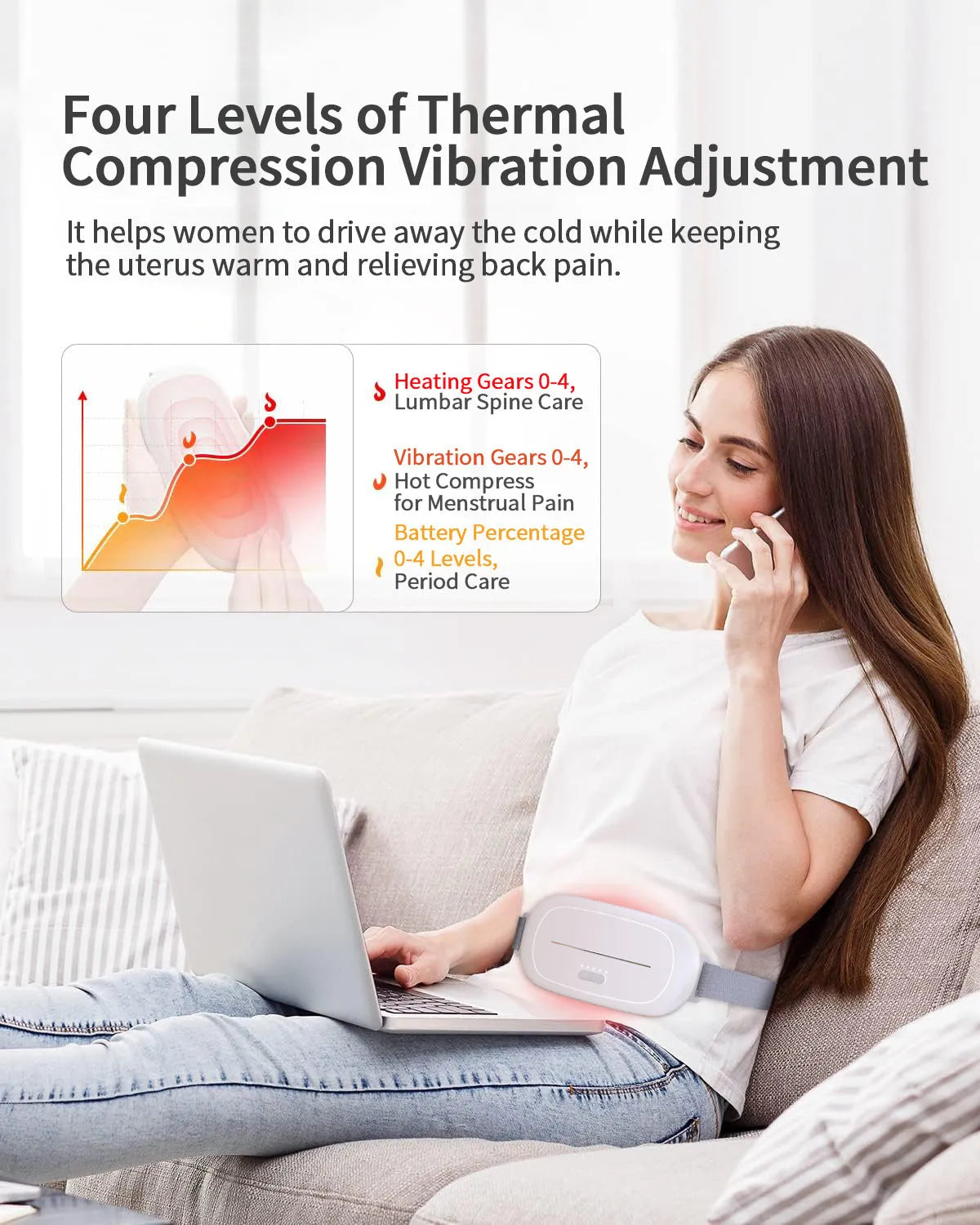 White fabric uterine warming belt with hook and loop closure for postpartum abdominal support.
