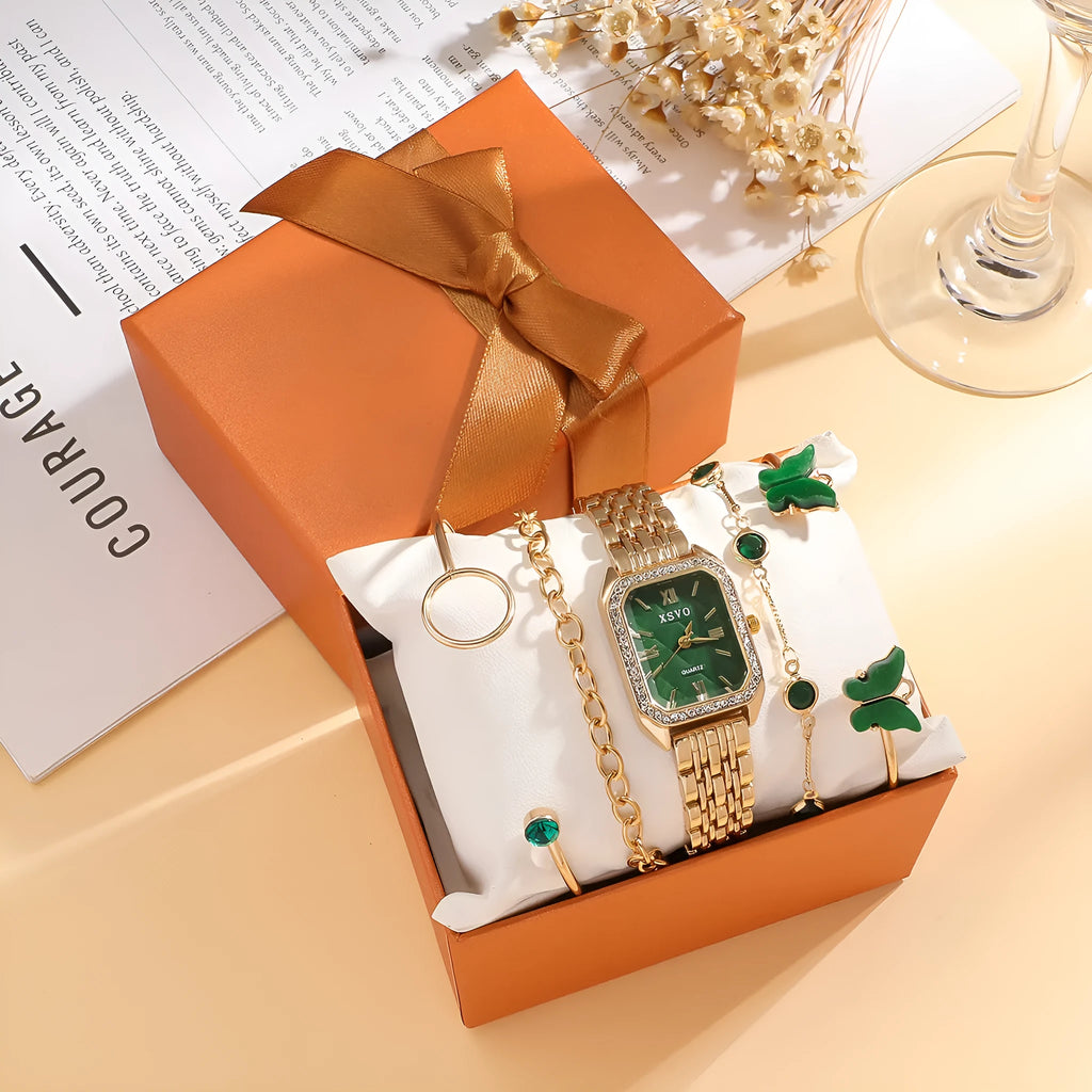 Gold green square women's watch with four matching bracelets in alloy case with jewellery buckle clasp