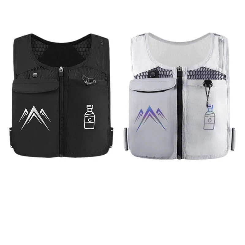 Classic black breathable mesh sports running vest with integrated mobile phone pocket on the front.