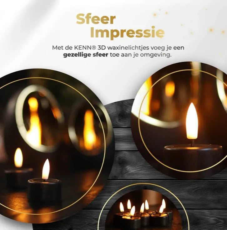 Four black S10 LED tealight candles showing flickering flame effect and dimensions