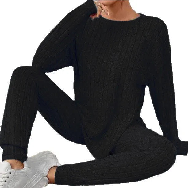 Sunken stripe pattern two-piece homewear set with trousers and matching top in Polyester fabric