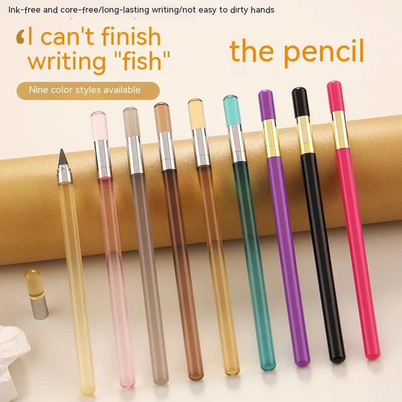Transparent acrylic eternal mechanical pencil with visible alloy nib and a selection of coloured HB graphite refills.