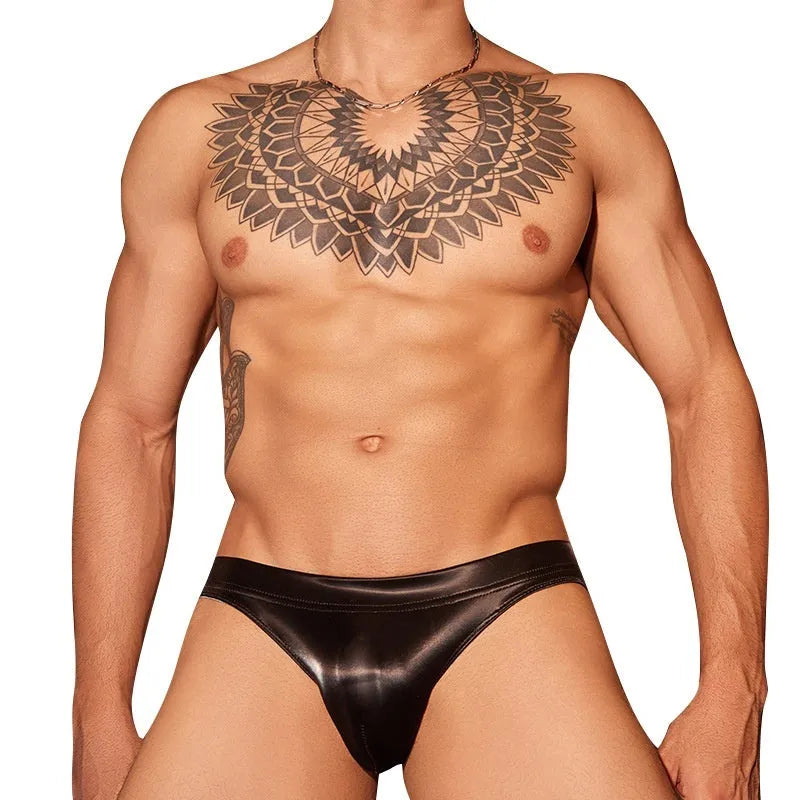 Mens black hipster briefs with shark skin lace texture and low-rise waistband