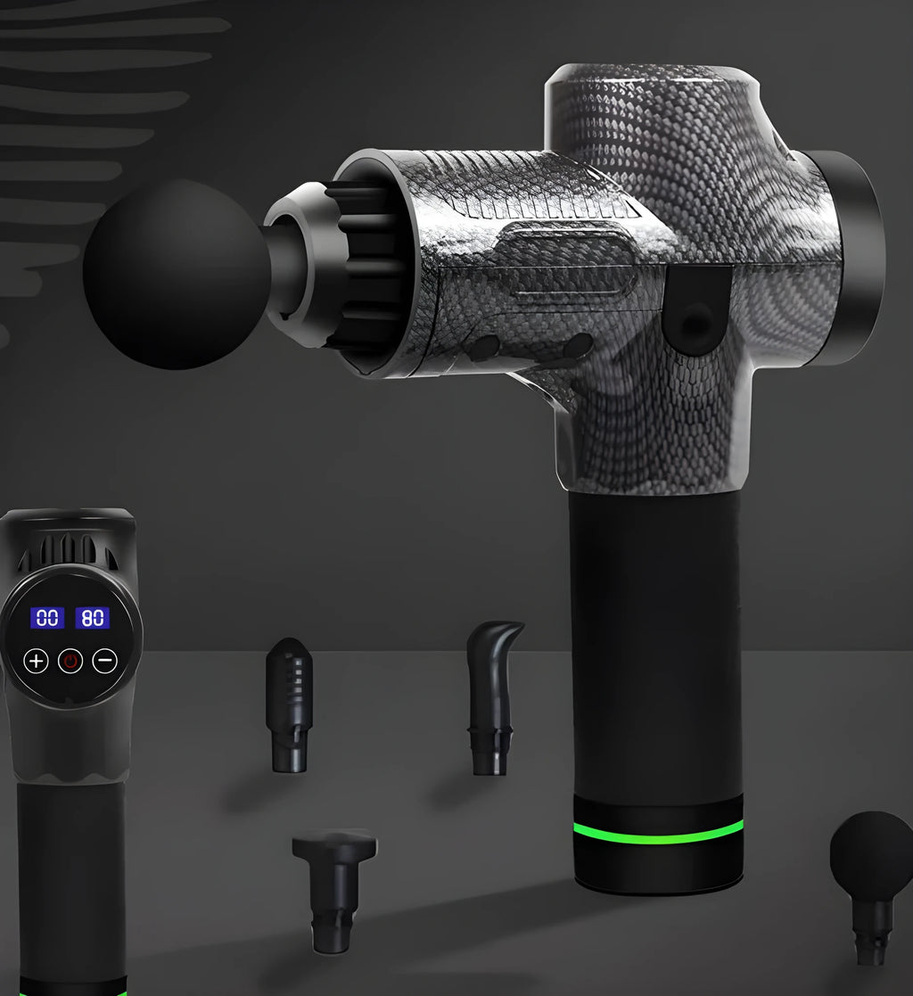 Black electric massage gun with multiple interchangeable heads on a grey background