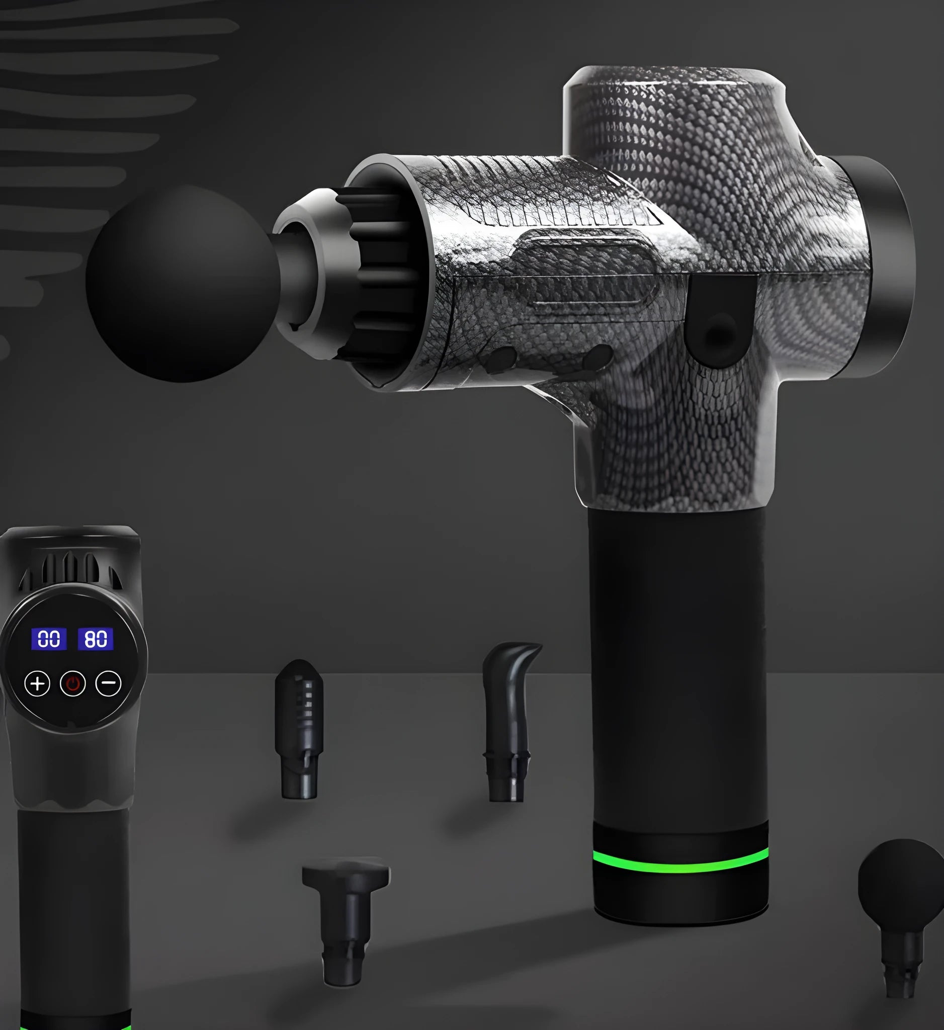 Black electric massage gun with multiple interchangeable heads on a grey background