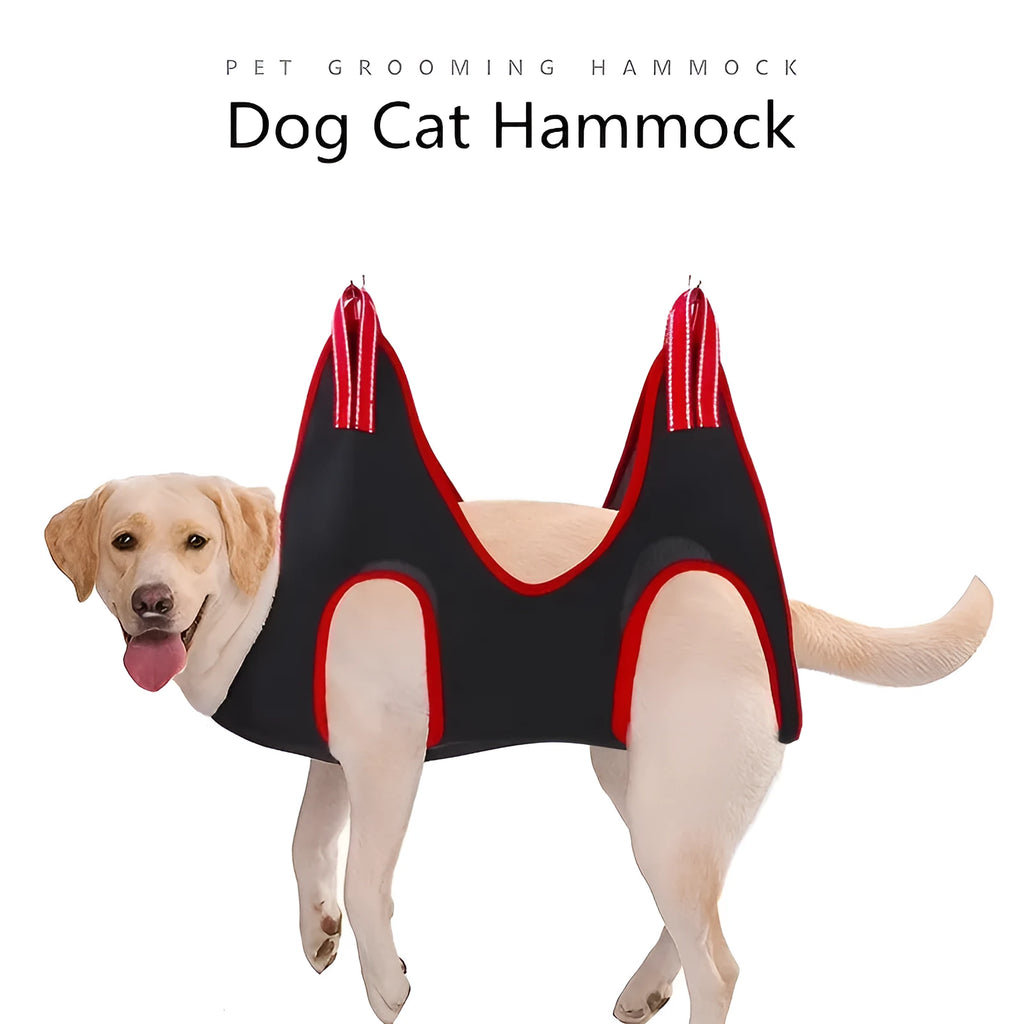 Pet grooming hammock restraint bag hanging for cat or dog nail clipping and bath time.