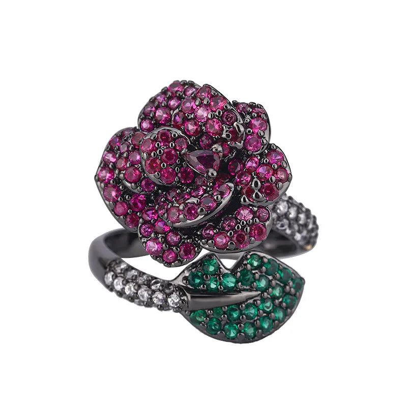 Black gold geometric ring with red corundum stones, female fashion jewellery