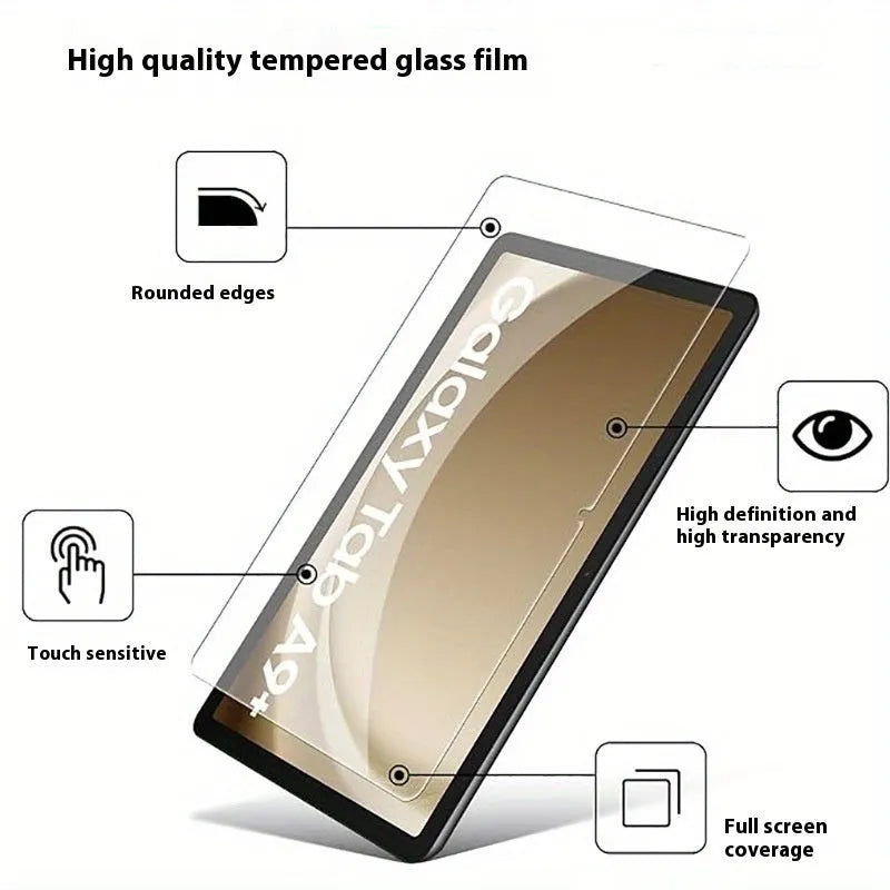 Tempered glass screen protector for Samsung Galaxy tablet next to a cattle leather storage pouch.