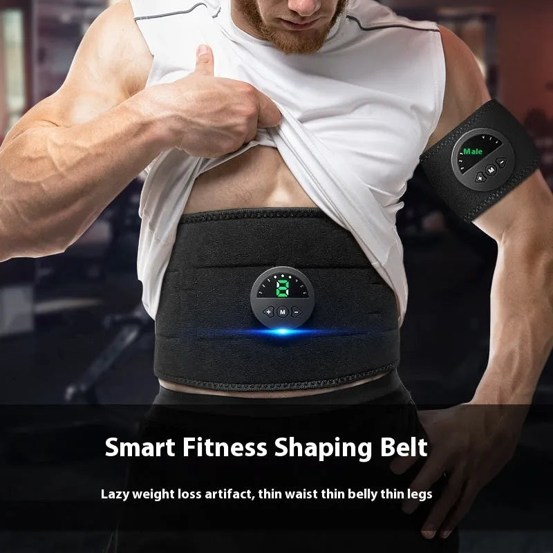 LCD display abdominal fitness belt for waist shaping and exercise, shown with USB charging cable.