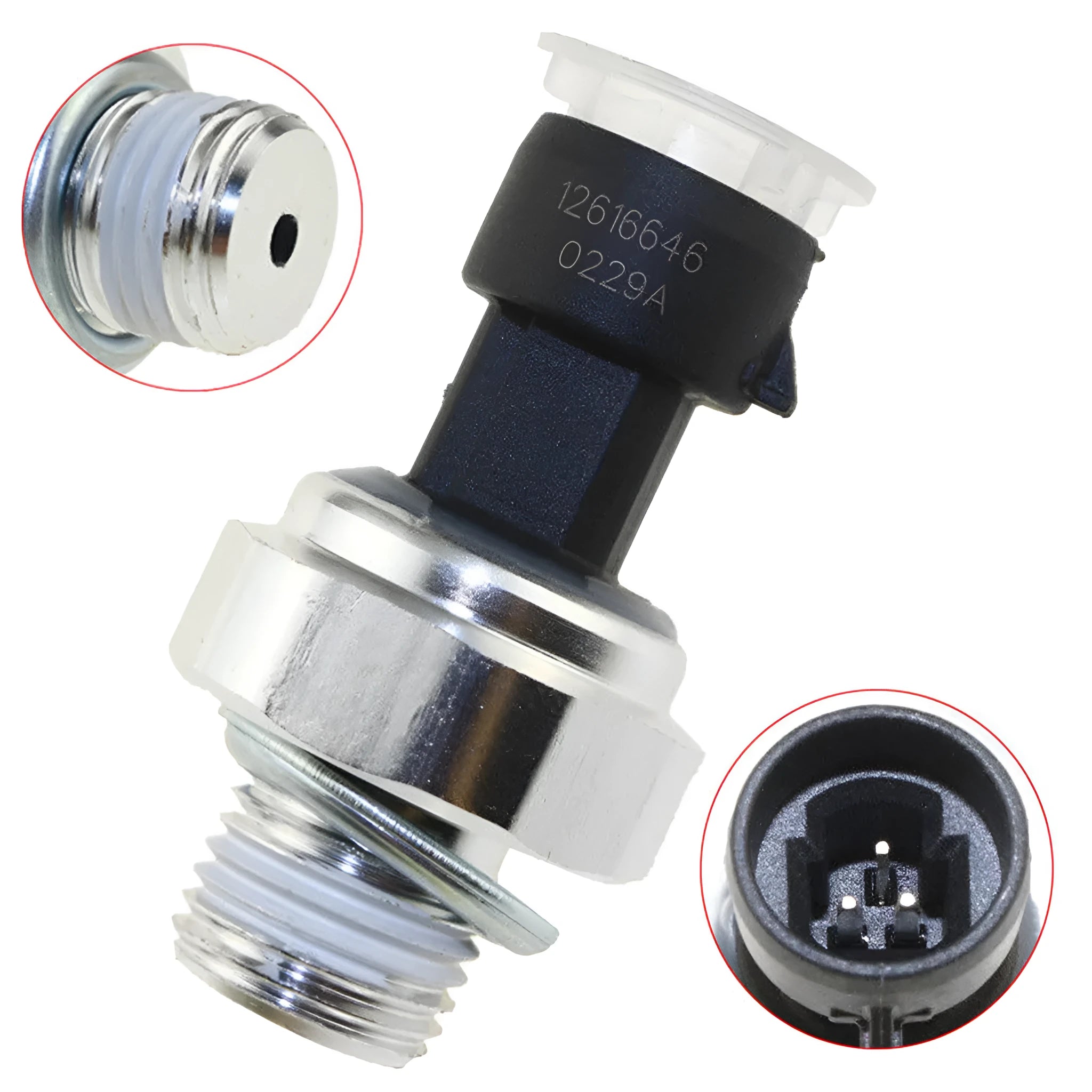 GM oil pressure sensor with electrical connector for Buick Chevrolet vehicles, part numbers 12573107 12567323 visible.