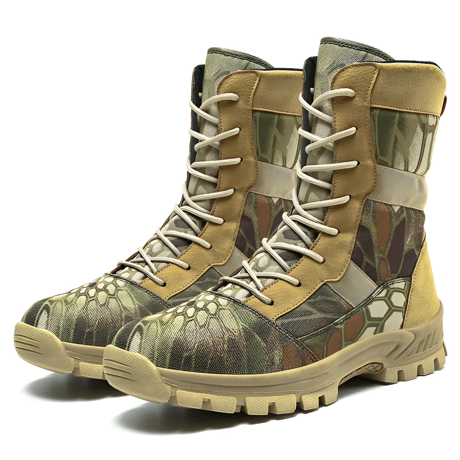 Plus size men's high-top martin boot style shoes in black and camouflage with mesh construction and totem detailing