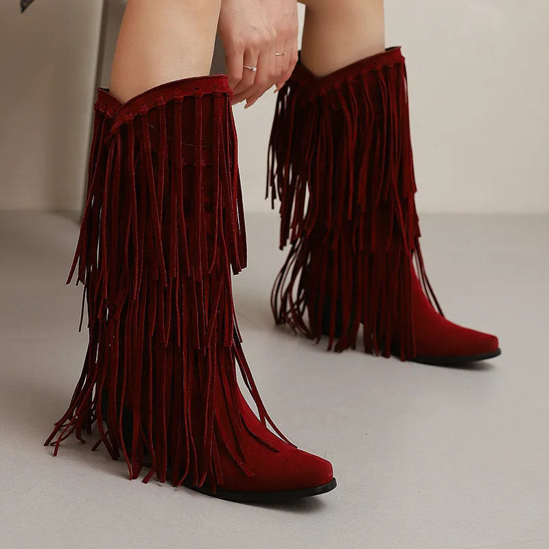 Women's suede high boots with tassel decoration and waterproof platform sole