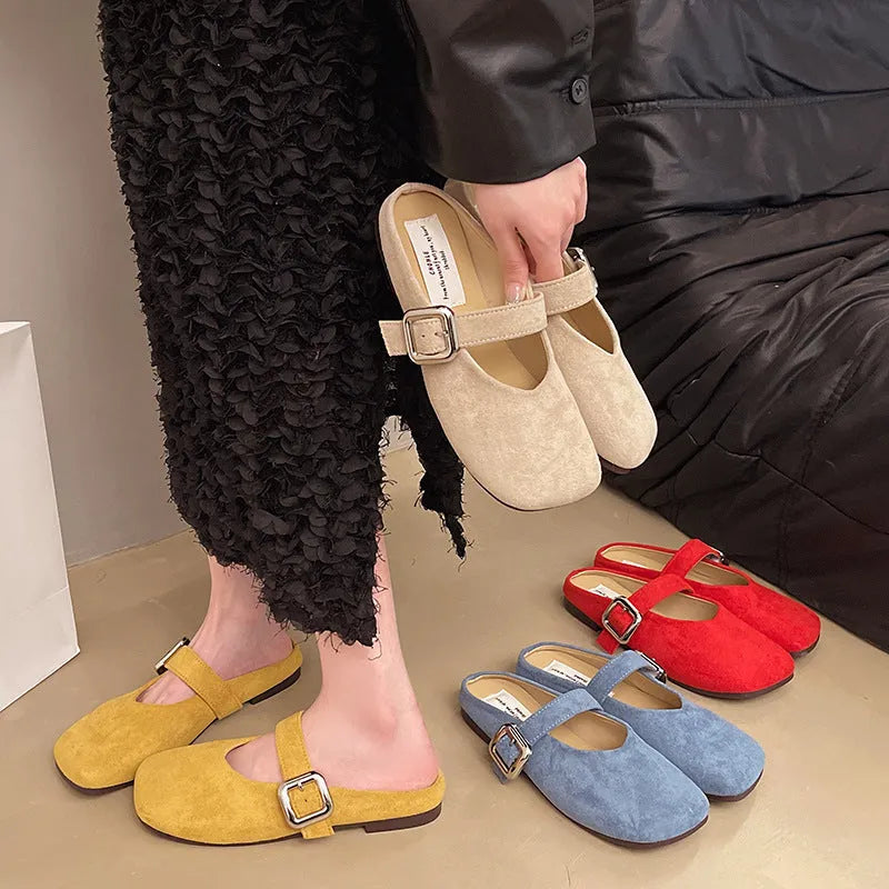 Women's flat closed toe half slippers in yellow, blue, apricot and red colours with square head design