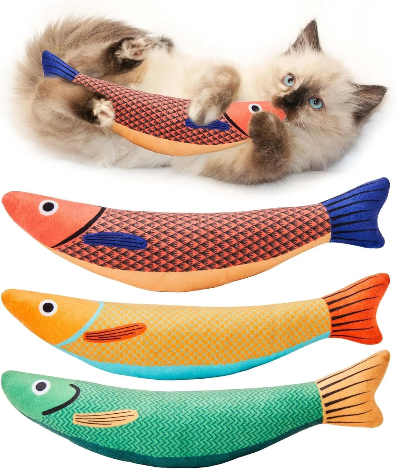 Soft plush saury fish cat kicker toy with organic catnip filling in green, orange, or yellow colours