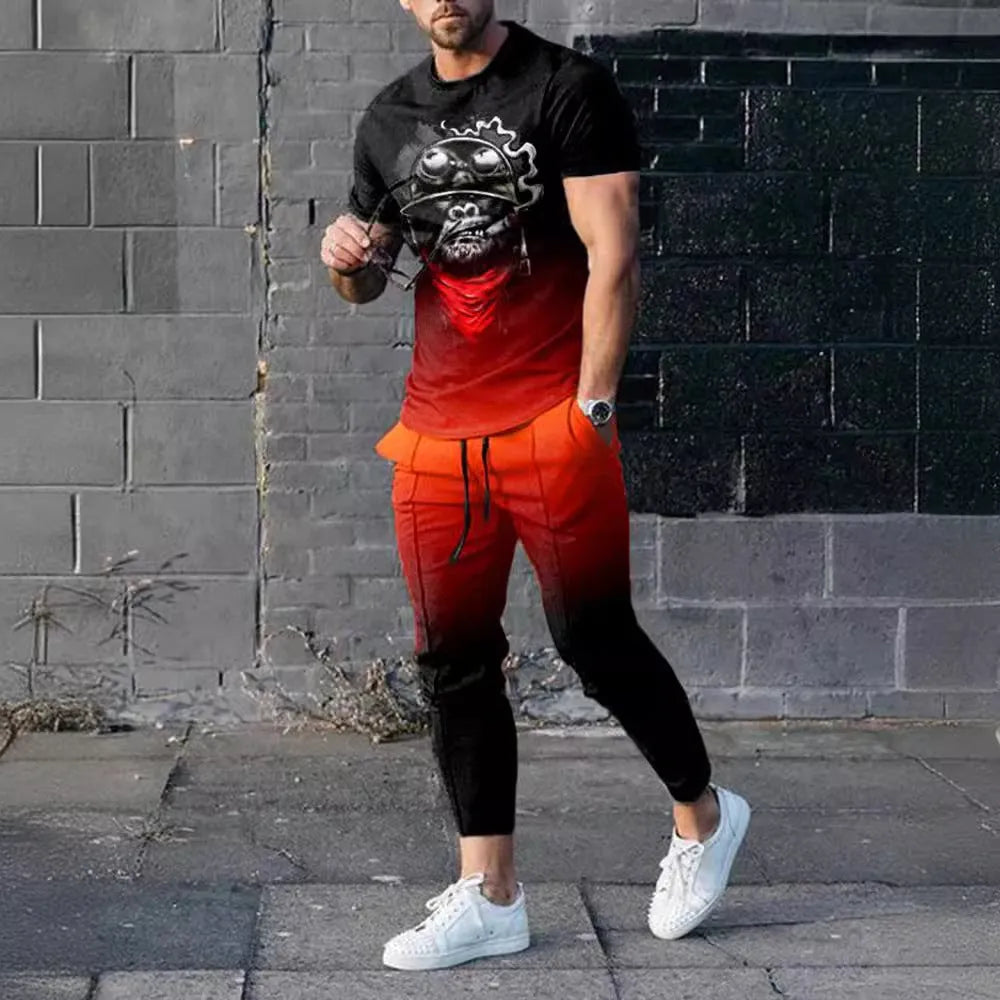 Men's short sleeve printed T-shirt and matching trousers sport suit set on a hanger.