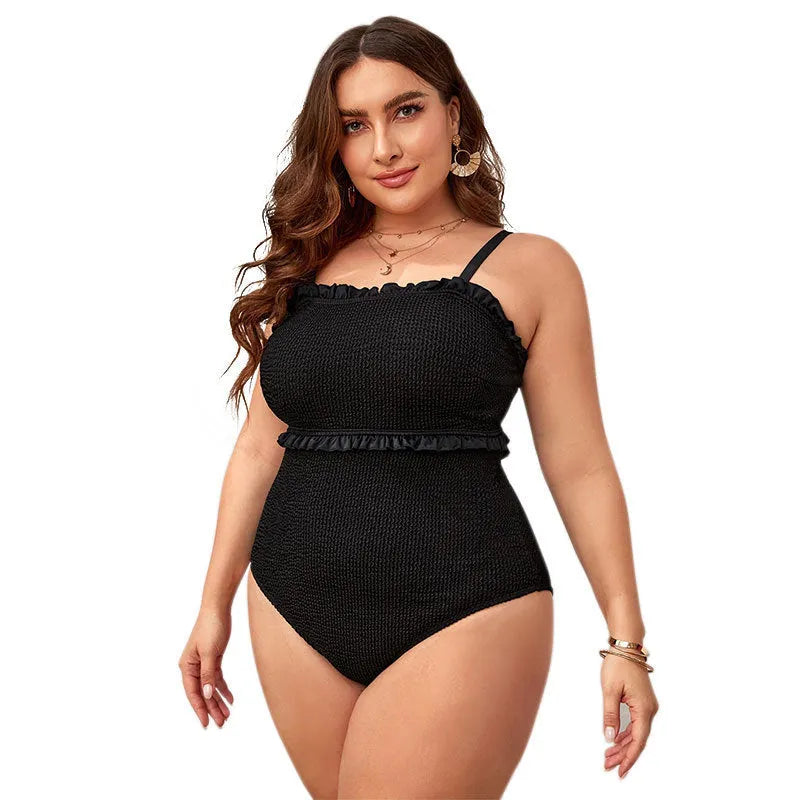 Black plus size one-piece swimsuit with double shoulder straps and belly cover