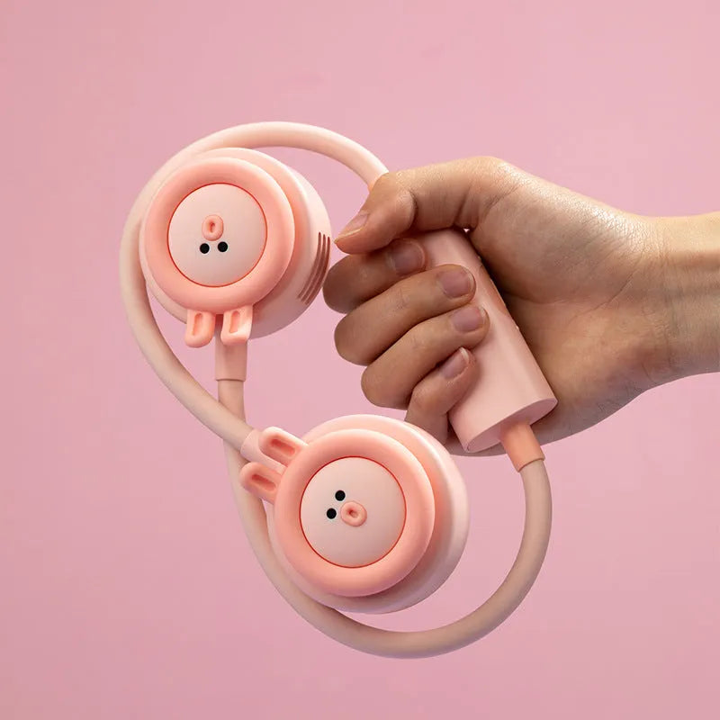 Pink leafless hanging neck fan showing wearable design and mechanical speed controls.