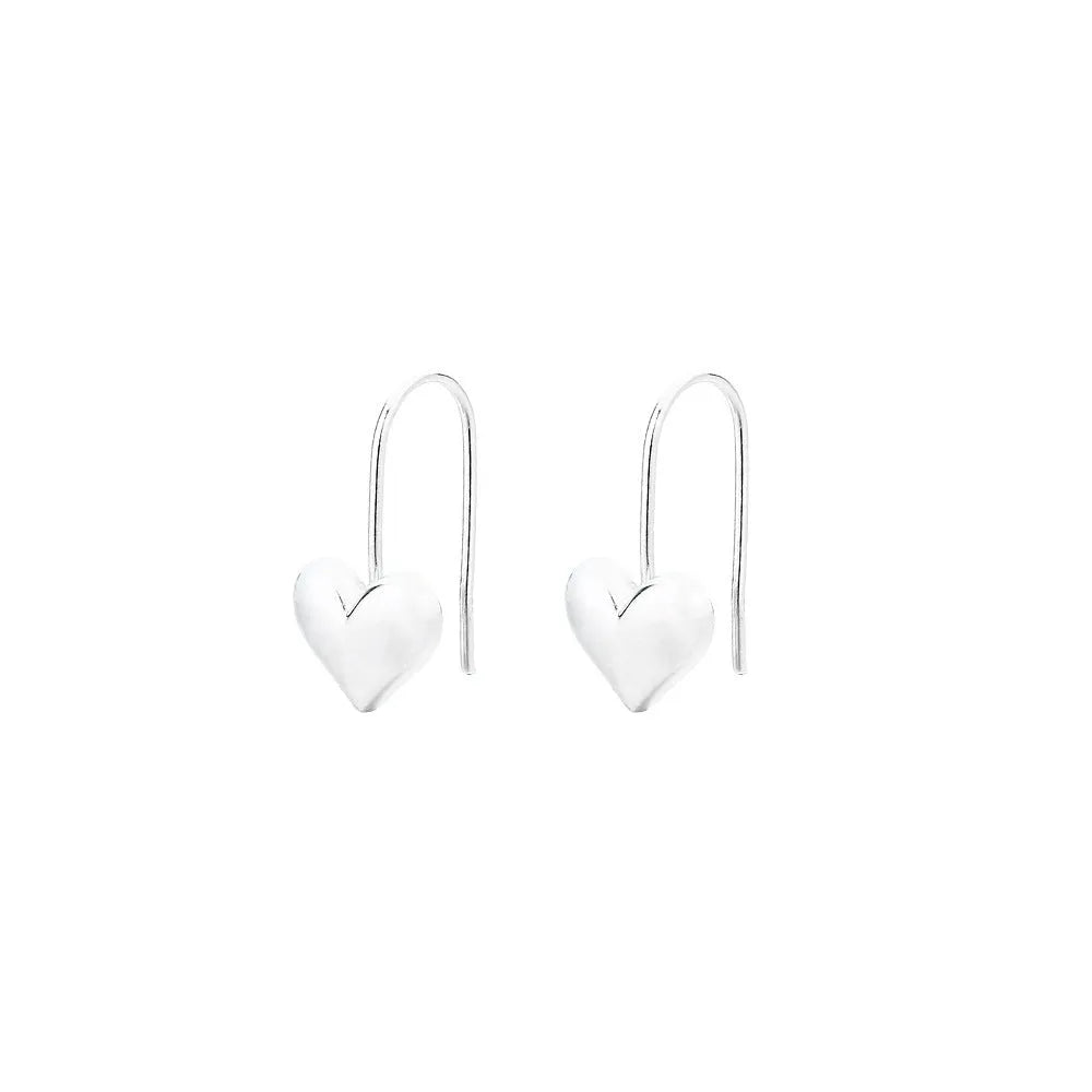 Silver-toned heart-shaped women's earrings with glossy finish and matching heart-shaped ear hooks.