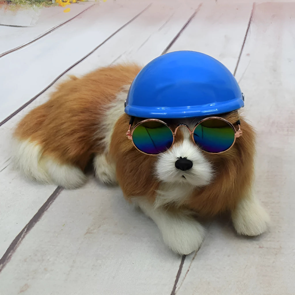 A solid colour plastic motorcycle-style helmet for a dog, shown in one of seven available colours.