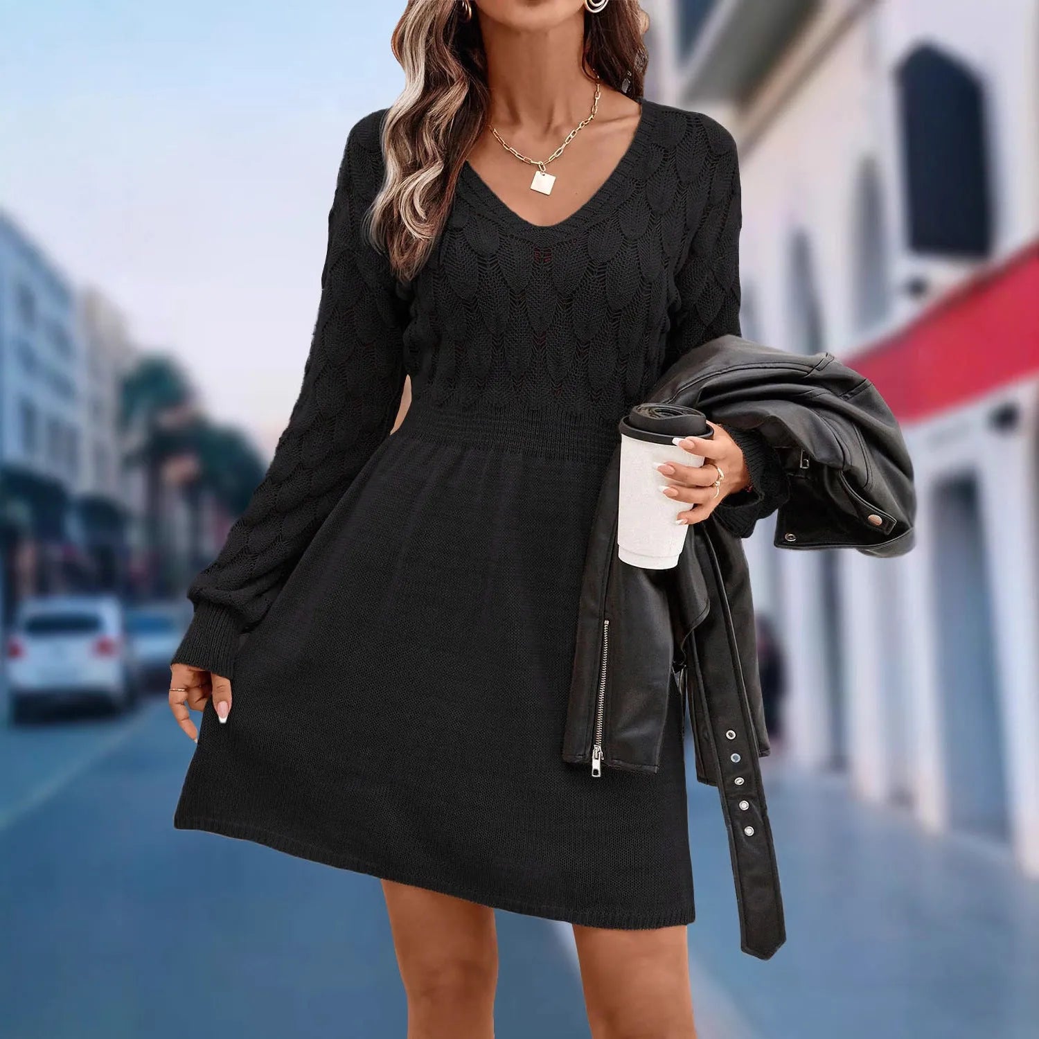 Artistic retro v-neck dress with long sleeves and ethnic patterning in acrylic fabric
