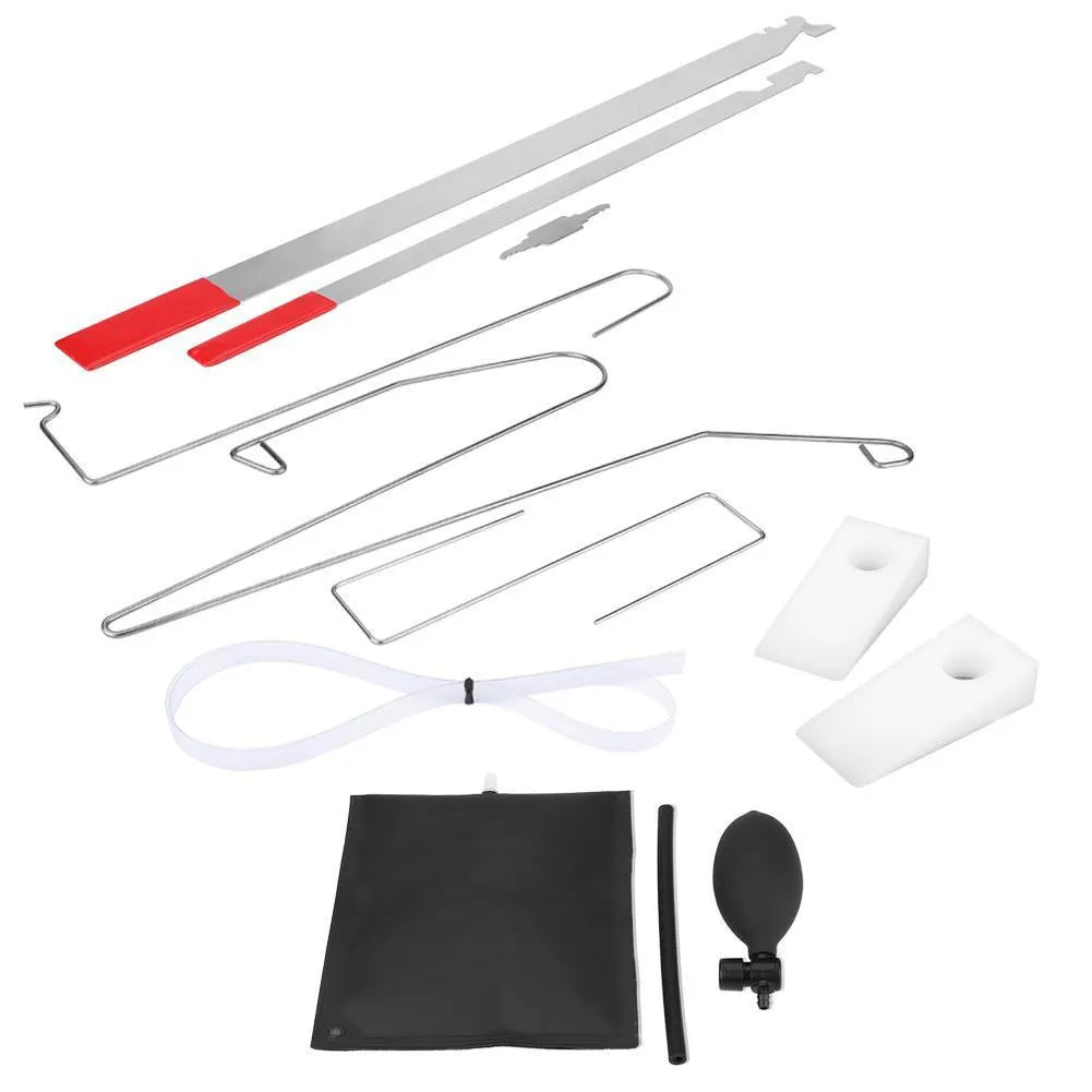Automotive emergency tool set with air pump wedge, plastic wedges, crowbar tools and hooks for vehicle lockout