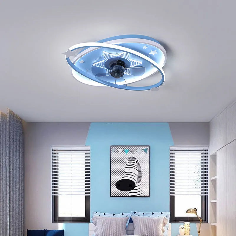 Modern iron chandelier with acrylic shade for children's bedroom, available in blue or pink with remote control