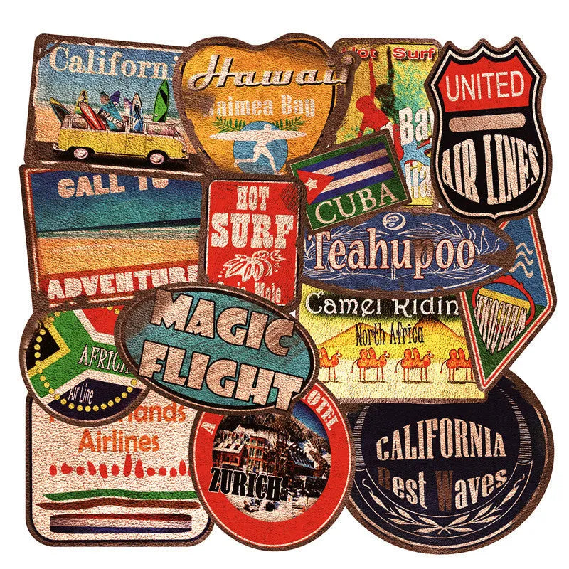 Pack of 36 retro beach themed surfing and travel stickers in sizes from 6cm to 10cm.