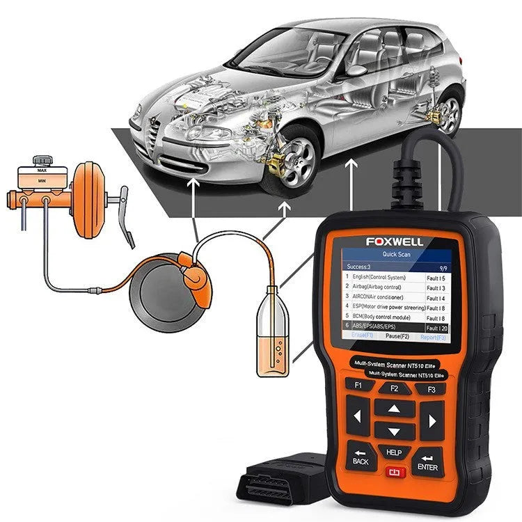 Orange and black Foxwell NT510 automotive OBD2 diagnostic scanner with colour screen