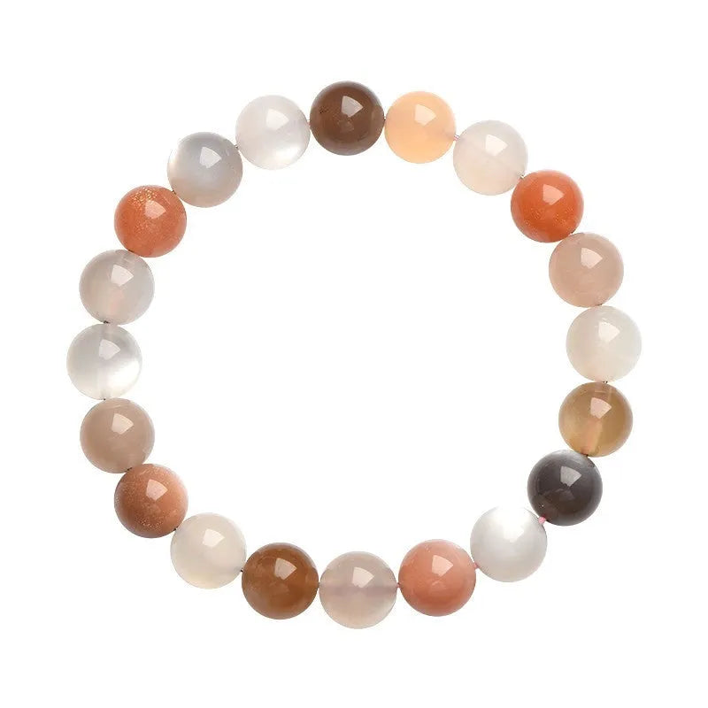 Natural moonstone bracelet with colourful pattern showing 8mm beads in single circle configuration